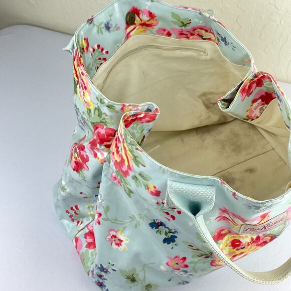 ~ Rare Cath Kidston XL Bag Tote Floral Coated Blue Handles Snap Zip Lined Pocket - Picture 16 of 16